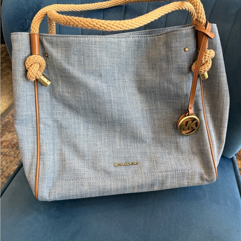 Michael Kors Isla Washed Canvas & Leather Trim Satchel – Light Denim Blue - Picture 8 of 9